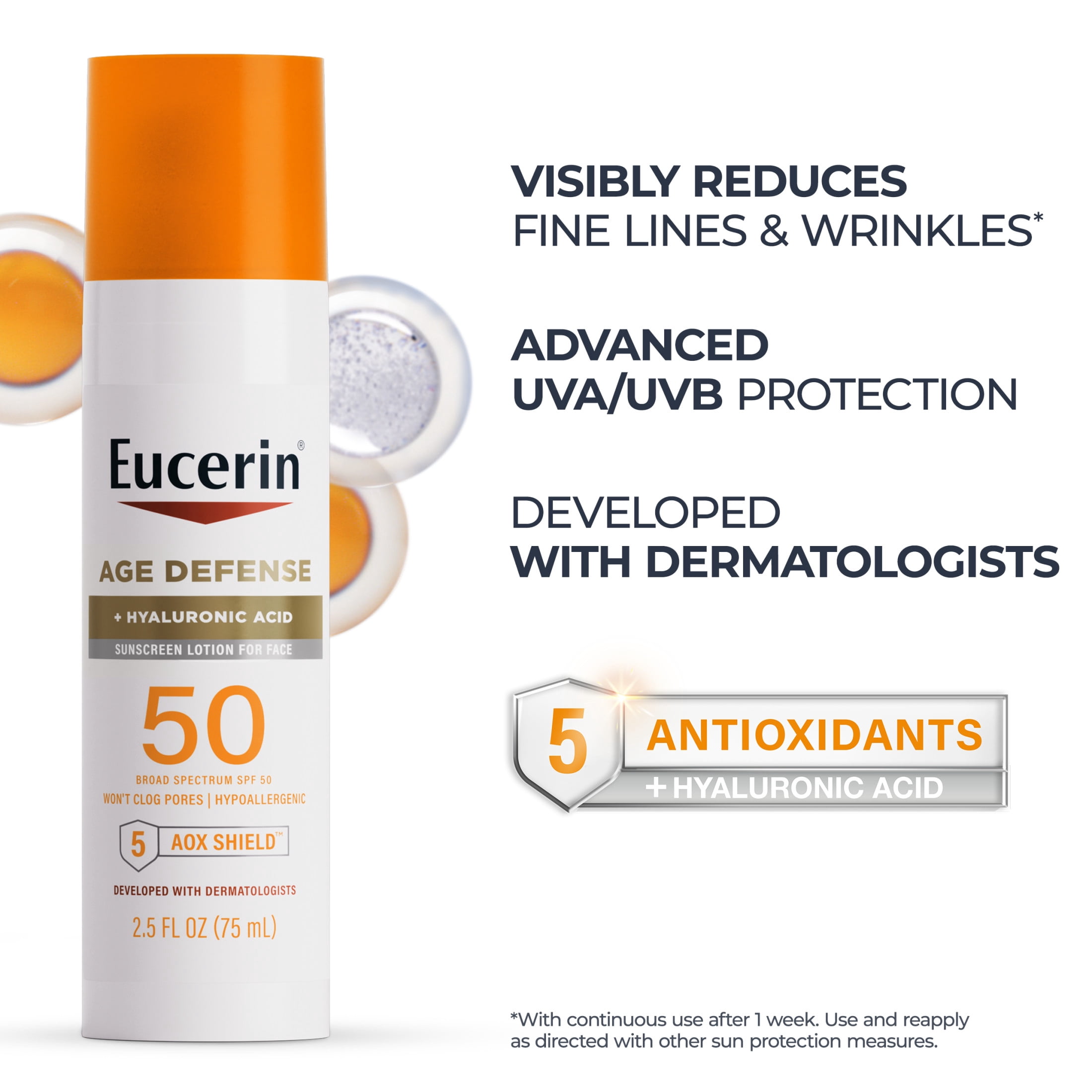 Eucerin Sun Age Defense Face Sunscreen Lotion SPF 50 with Hyaluronic Acid, 2.5 fl oz