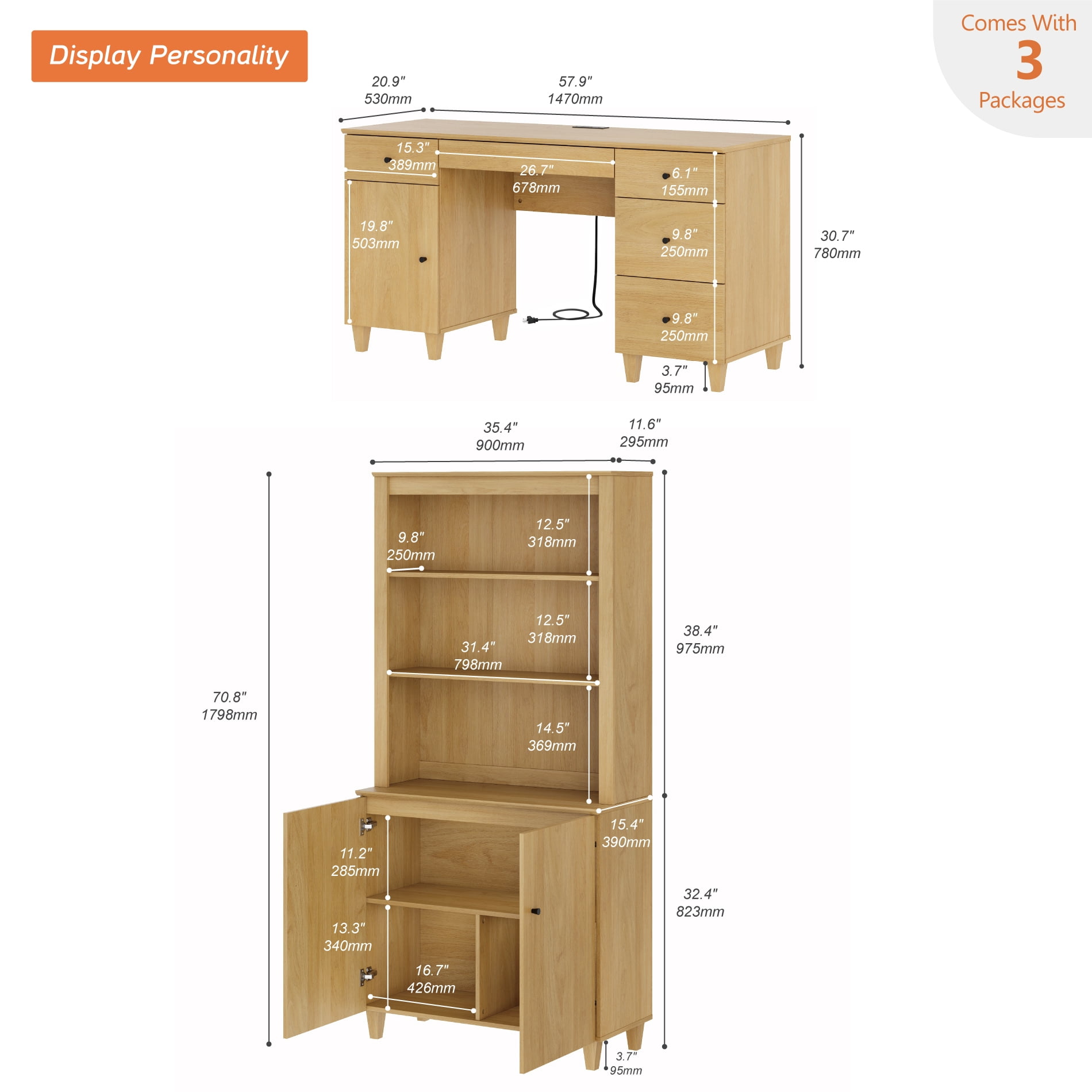 WAMPAT Home Office Furniture Set, 58" Executive Desk with Charging Station and Cabinet, 71" Tall Bookcase with Doors and Adjustable Shelves for Living Room, Oak Wood