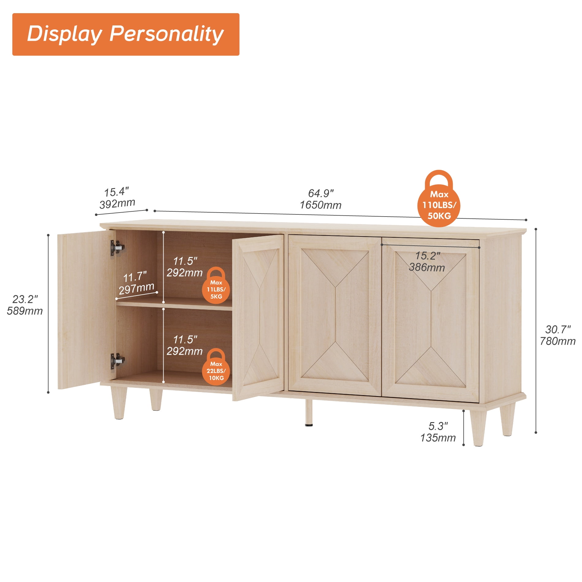 WAMPAT Handcrafted Patchwork Console Table for 55-75 inch TVs,65-inch Modern Farmhouse TV Stand Entertainment Center with Cable Management & Adjustable Storage Shelves, Light Oak