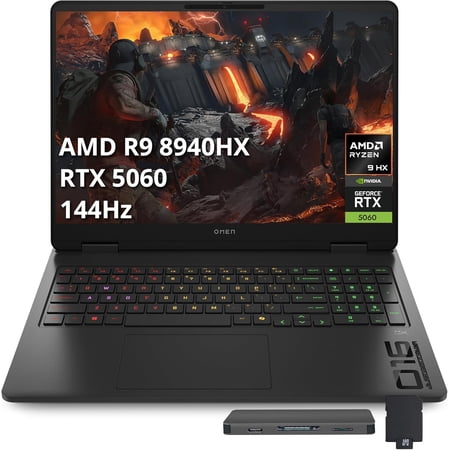 HP Omen 16" 2K 144Hz Gaming Laptop, AMD Ryzen 9 8940HX, GeForce RTX 5060 Graphics, 32GB DDR5, 1TB SSD, 4-Zone RGB Backlit Keyboard, Copilot, Win 11 Pro, Shadow Black, 1TB Docking Station Set