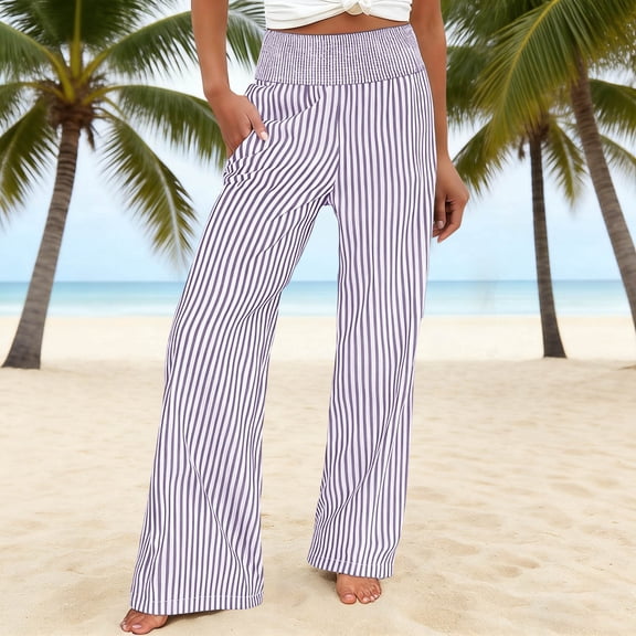 Vmvidoty Pants for Women High Waist Wide Leg Pants Casual Elastic Band Striped Trousers Loose Oversize Lounge Pants with Pockets Purple S