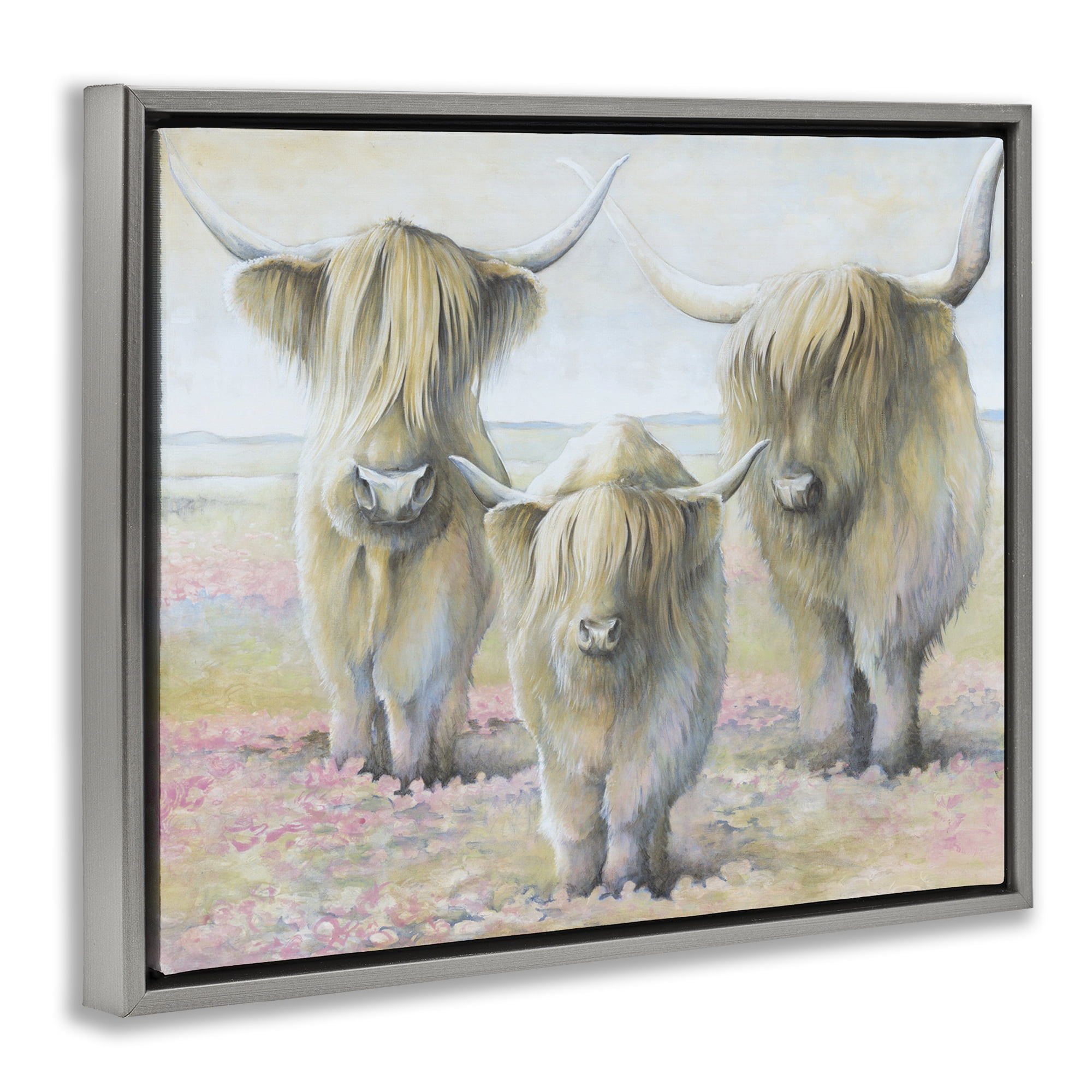 Stupell Industries Gentle Cattle Trio Animals & Insects Painting Gray Floater Framed Canvas Art Print Wall Art, 21 x 17