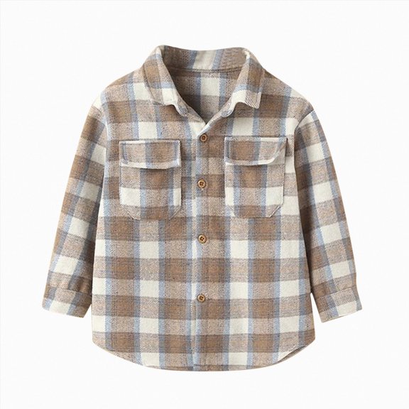 JUMEYU Boys Shirts Long Sleeve Shacket for Kids Plaid Long Sleeve Coat with Pockets Boys Causal Button Lapel Jackets Trendy Cute Jacket Outerwear 6T 7T (Beige,6-7 Years)