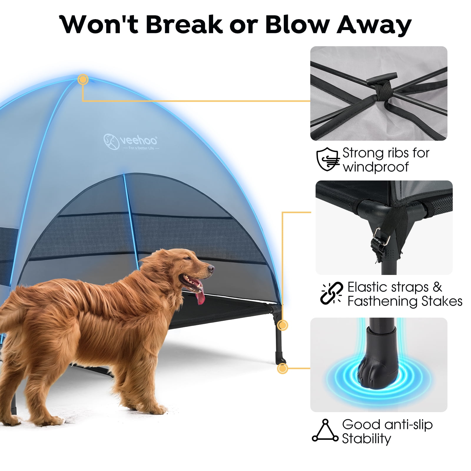 Veehoo Outdoor Dog Bed with Removable Canopy, Cooling Elevated Dog Cot Bed, XLarge, Black + Grey
