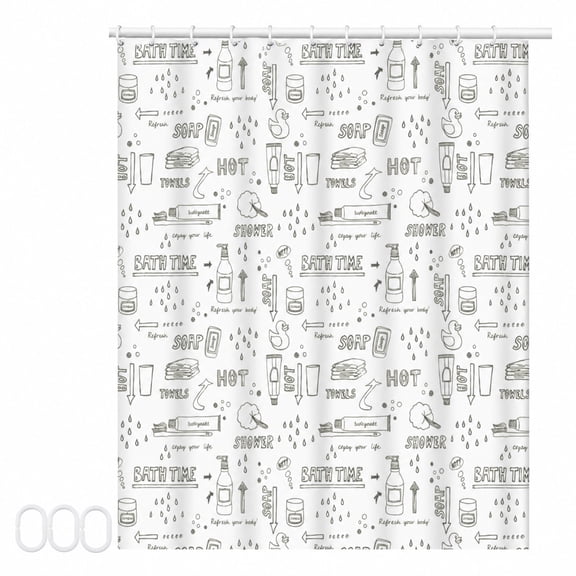 Bath Time Doodle Shower Curtain, Bathroom Accessory Print Waterproof PEVA Bath Curtain with Bottom Magnets & Hooks, 70.87 x 70.87 Inches