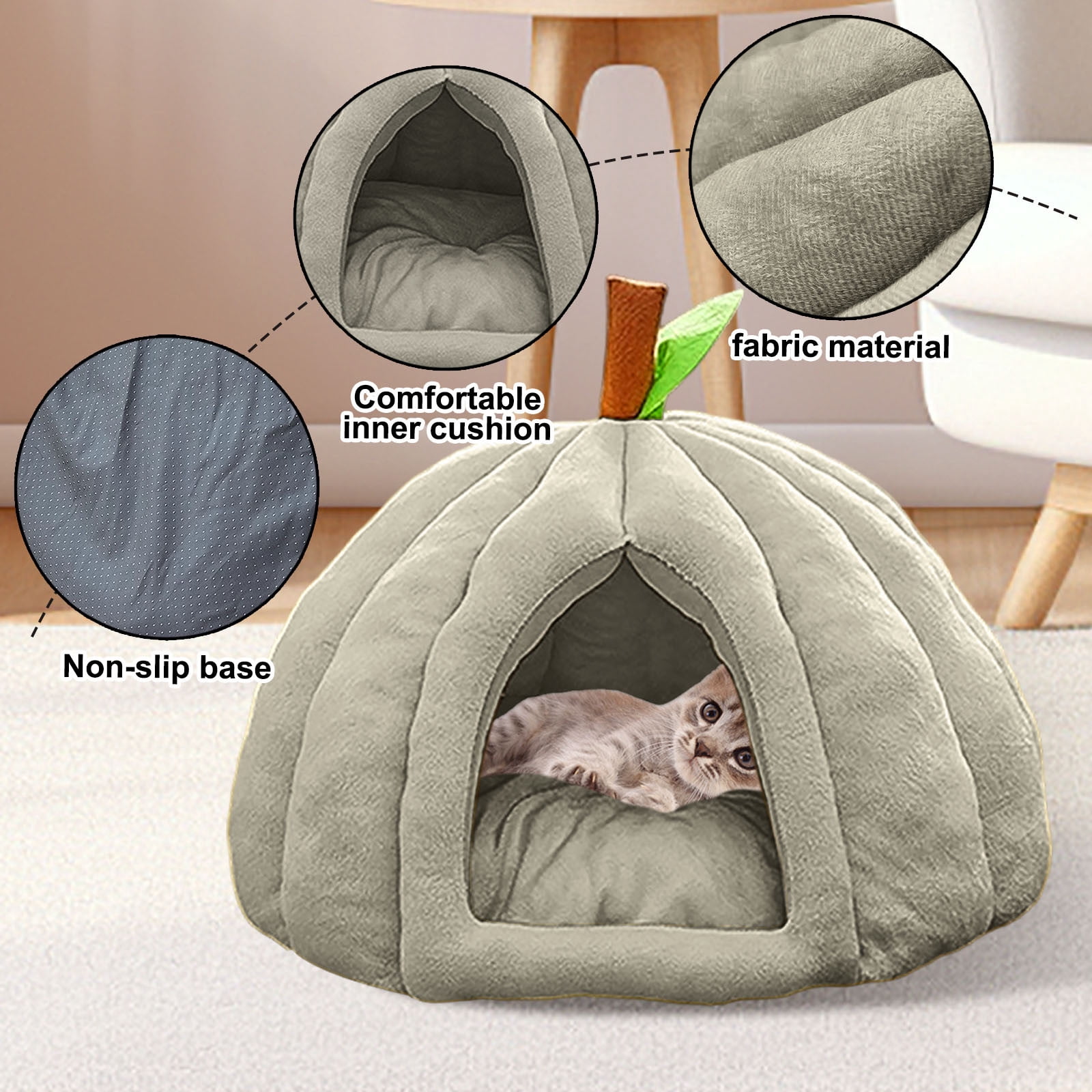 Cozy Pumpkin Cat Cave Bed with Removable Cushion - Warm Enclosed Indoor Cat House for Kittens and Small Dogs, Cute Seasonal Hideaway Sleep Tent Pet Bed