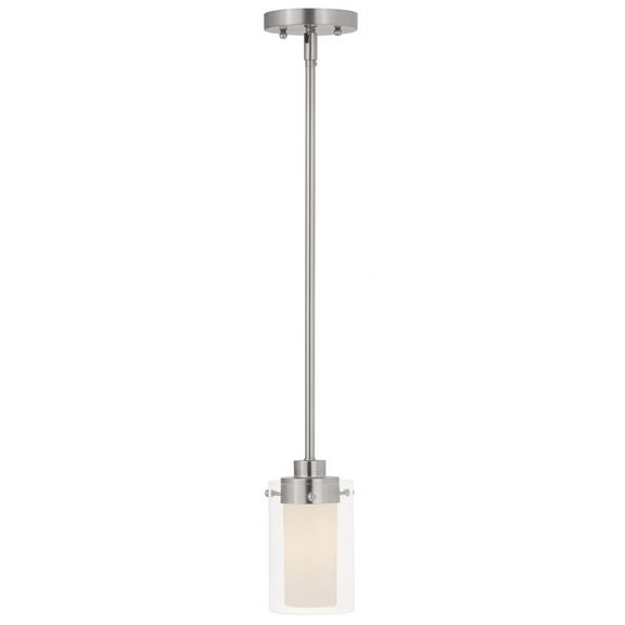 1 Light Brushed Nickel Mini Pendant with Clear Outside Glass & Opal Inside Glass Shade