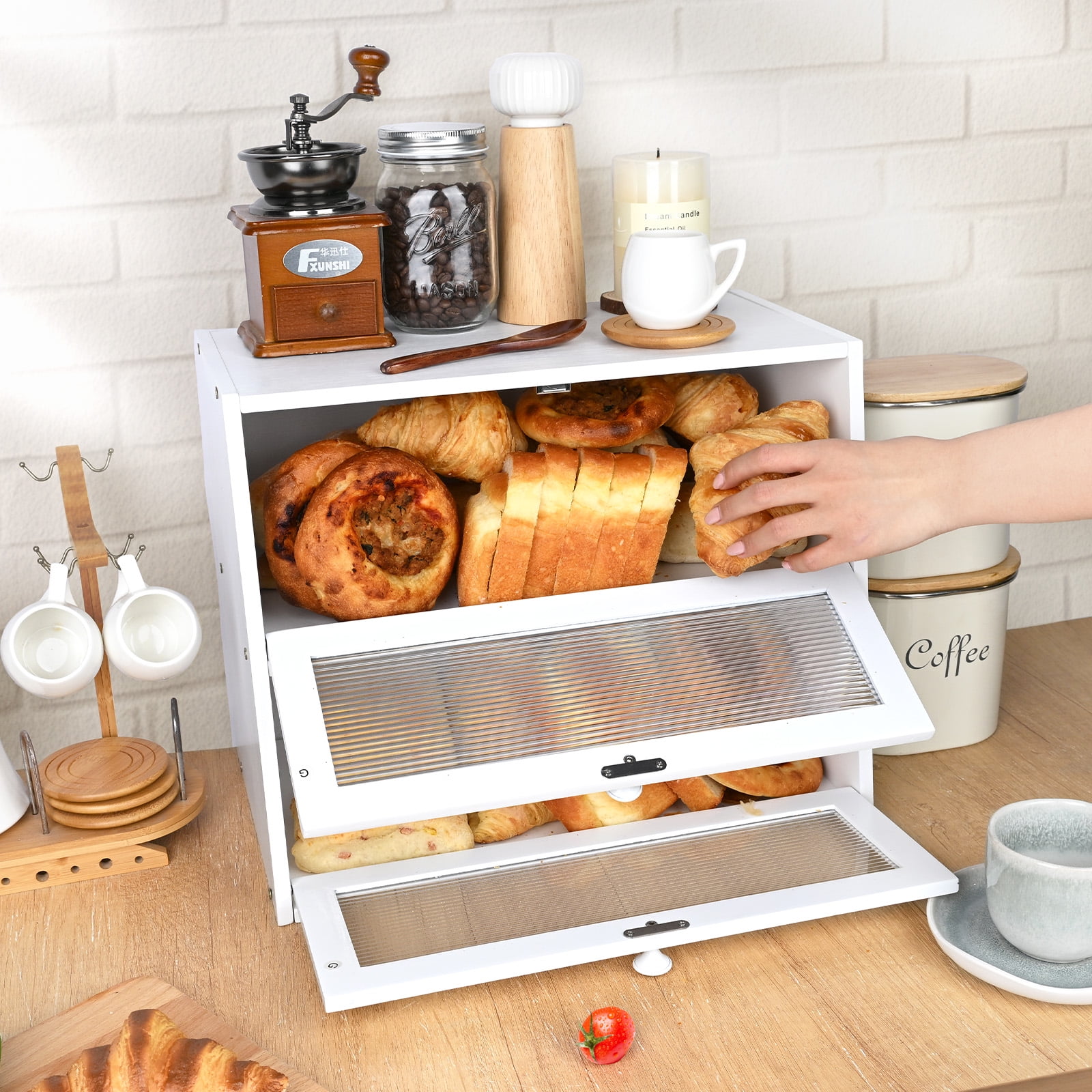 Bamboo Bread Box for Kitchen Countertop, Double Layer Bread Container, Bread Storage with Acrylic Wavy Door Panel, White