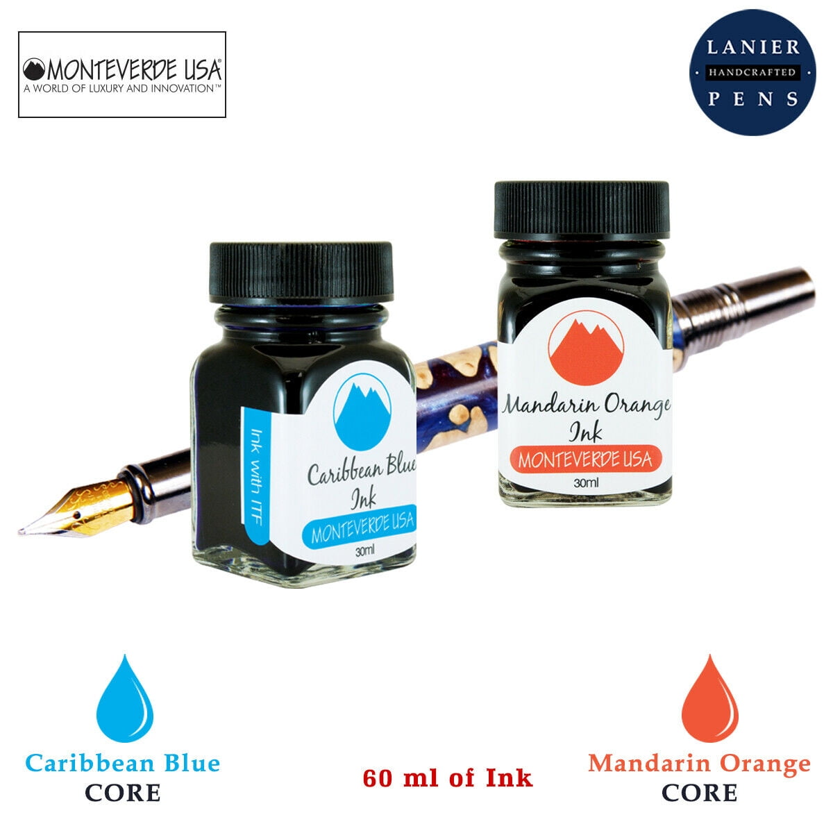 Monteverde 60ml Core Fountain Pen Ink Bottle (30ml Caribbean Blue Ink Bottle G309CU, 30ml Mandarin Orange Ink Bottle G309MO)