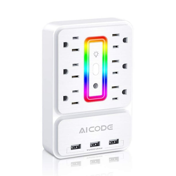 AICODE Extensor de toma de corriente múltiple, protector contra sobretensiones de 6 tomas con 3 cargadores USB (3,2 A en total), toma de corriente con 6 luces RGB ambientales, extensor de enchufe para