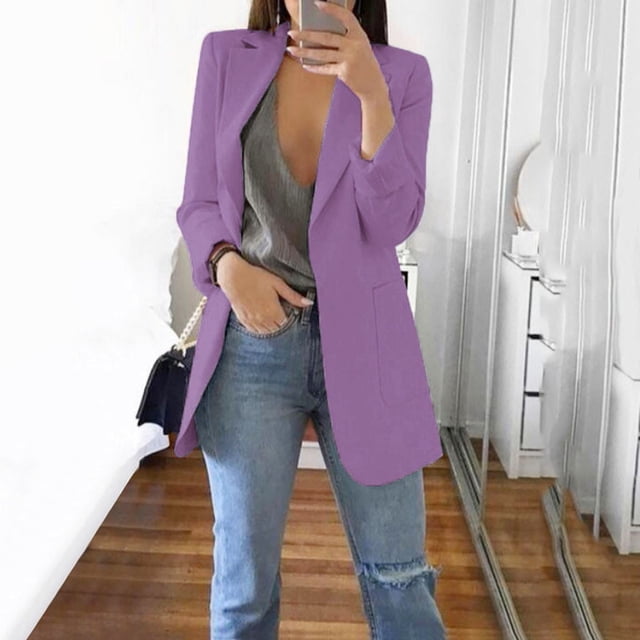 Meichang Womens Casual Blazers Jackets Solid Color Long Sleeve Open Front Work Office Blazers Slim Fit Lapel Jackets with Pockets Cardigans Plus Size Purple S