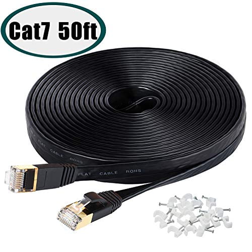 Cat7 Ethernet Cable, 50 Ft Network Cable for Xbox PS4, High Speed Flat Internet Cord with Clips Rj45 Snagless Connector Fast Computer LAN Wire for Gaming,Ethernet Switch, Modem, Router, Coupler, Black