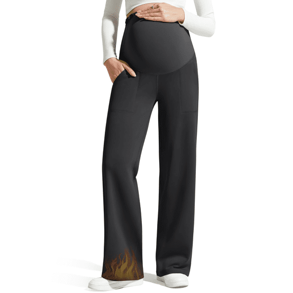 G4Free EverGoing Fleece Lined Maternity Wide Leg Pants Over The Belly Pregnancy Trousers with Pockets