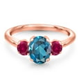 thumbnail image 3 of Gem Stone King 2.00 Ct Oval London Blue Topaz Red Created Ruby 18K Rose Gold Plated Silver Ring, 3 of 6