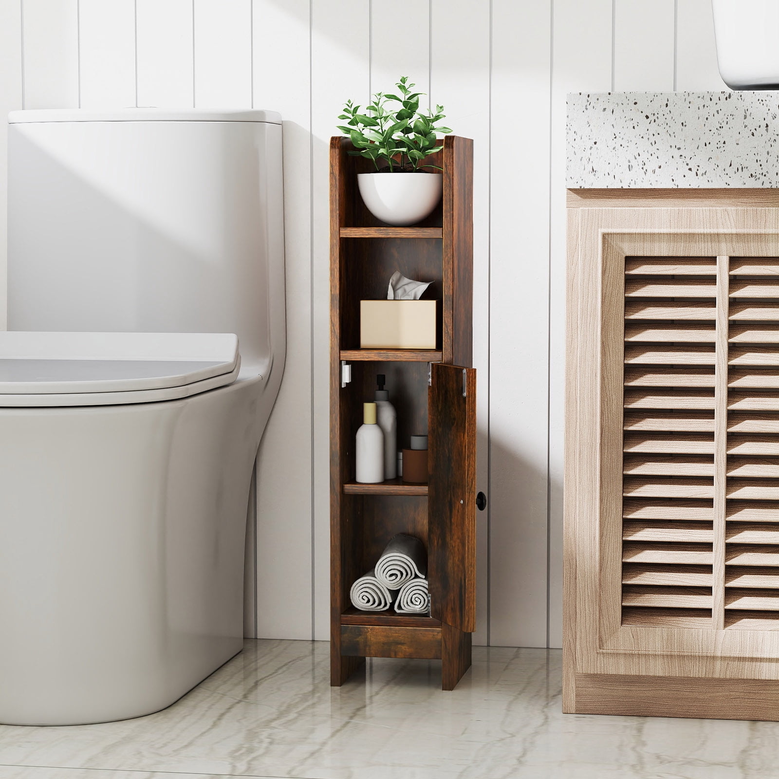 Topbuy Bathroom Storage Cabinet Small Corner Floor Cabinet with Door and Adjustable Shelves Toilet Paper Holder Stand Brown