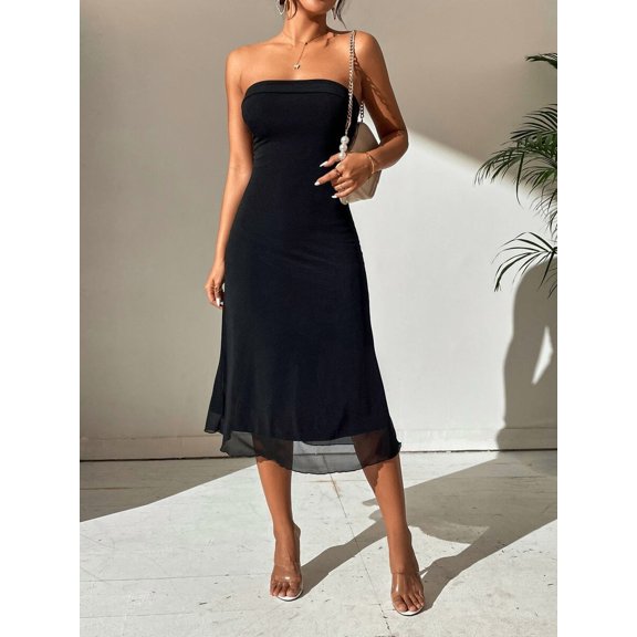 Black Solid Strapless Tube Midi Dress With Sheer Hem, Off-Shoulder Bodycon Summer Dress For Women