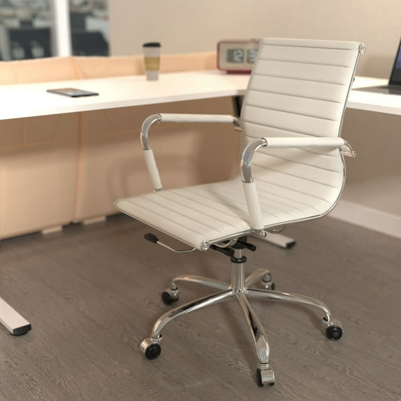 FOH Ribbed Executive Office Chair, Computer Chair Mid Back PU Leather Ergonomic Executive Task Desk Chairs White