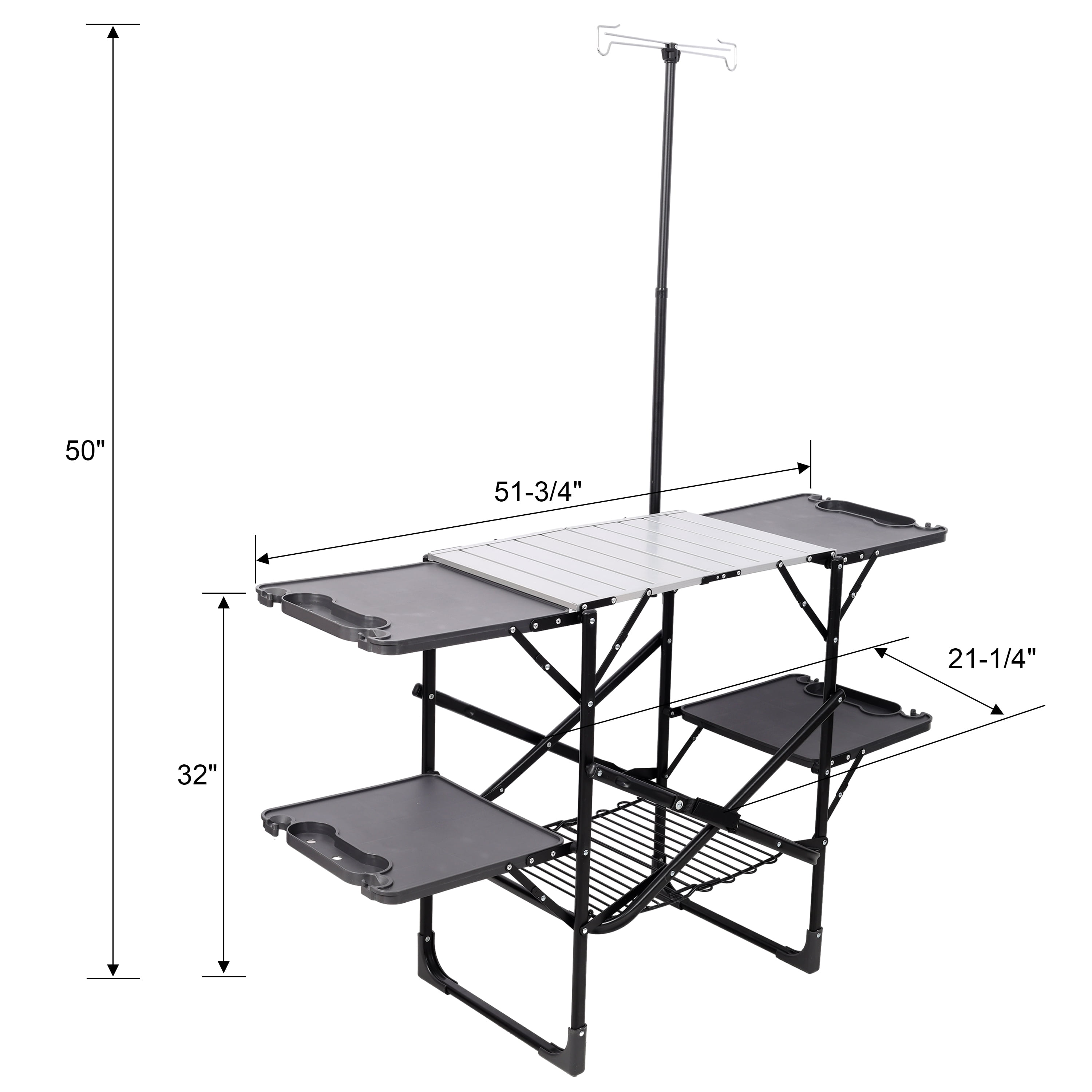 Folding Camping Kitchen Table, Portable Outdoor Cooking Station with Heat Resistant Top, 4 Side Tables, Storage Rack & Lamp Post for Picnics & Camping Trips