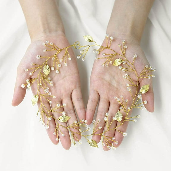 Leaf Bride Wedding Hair Vine Gold Crystal Headband Pearl Hair Pieces Bridesmaids Headpiecees Bridal Hair Accessories for Women and Girls