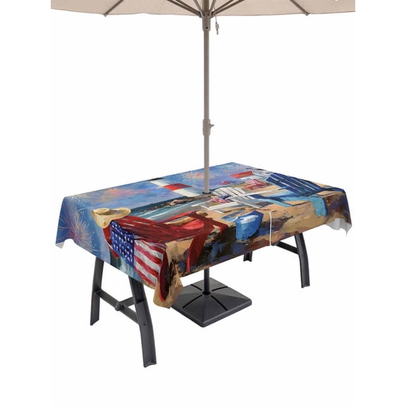 Outdoor Tablecloth with Umbrella Hole for Patio/Picnic/Party/Camping, Coastal Indenpendence Day Waterproof Table Cloth Rectangle Table Cover Washable, Beach Lighthouse Blue Sky (54"x 80")