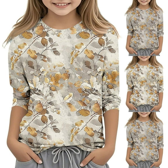 Milgrthf Girls Casual 3/4 Sleeve Summer Tops Trendy Leaf Printed Tunic Tees Cute Crew Neck Soft T Shirt for Children 110-160 Deals