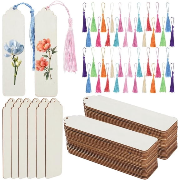 50Pcs 6 x 2 Inch Blank Wooden Bookmarks with Tassels Blank Wood Book Marks Unfinished Wooden Hanging Tags Bookmark Making Kits for DIY Crafts Wedding Party Birthday Favor Decoration Adult DIY