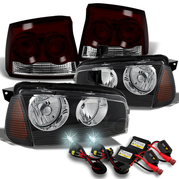 Fit 0910 Dodge Charger Black Headlights + Dark Red Tail Lights + 6000K