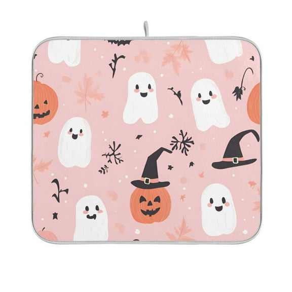 Yayeee Dish Drying Mat for Kitchen Counter 16"x18" Microfiber Absorbent Pad, Pink Halloween Ghosts