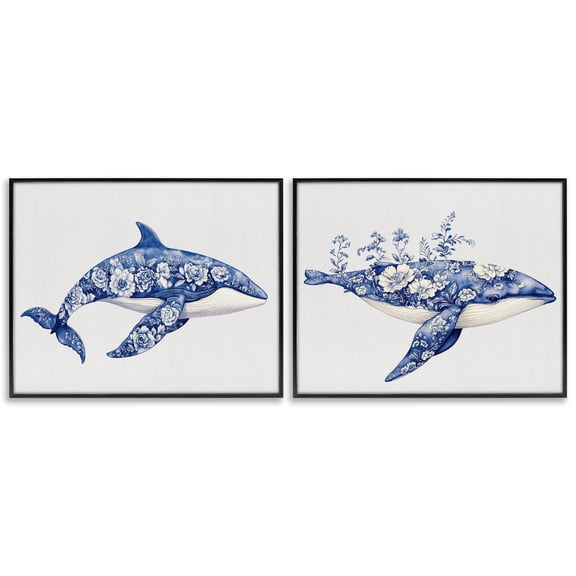 Blooming Toile Pattern Whales 2 Piece Black Framed Giclee Art Set, design by Lettered and Lined