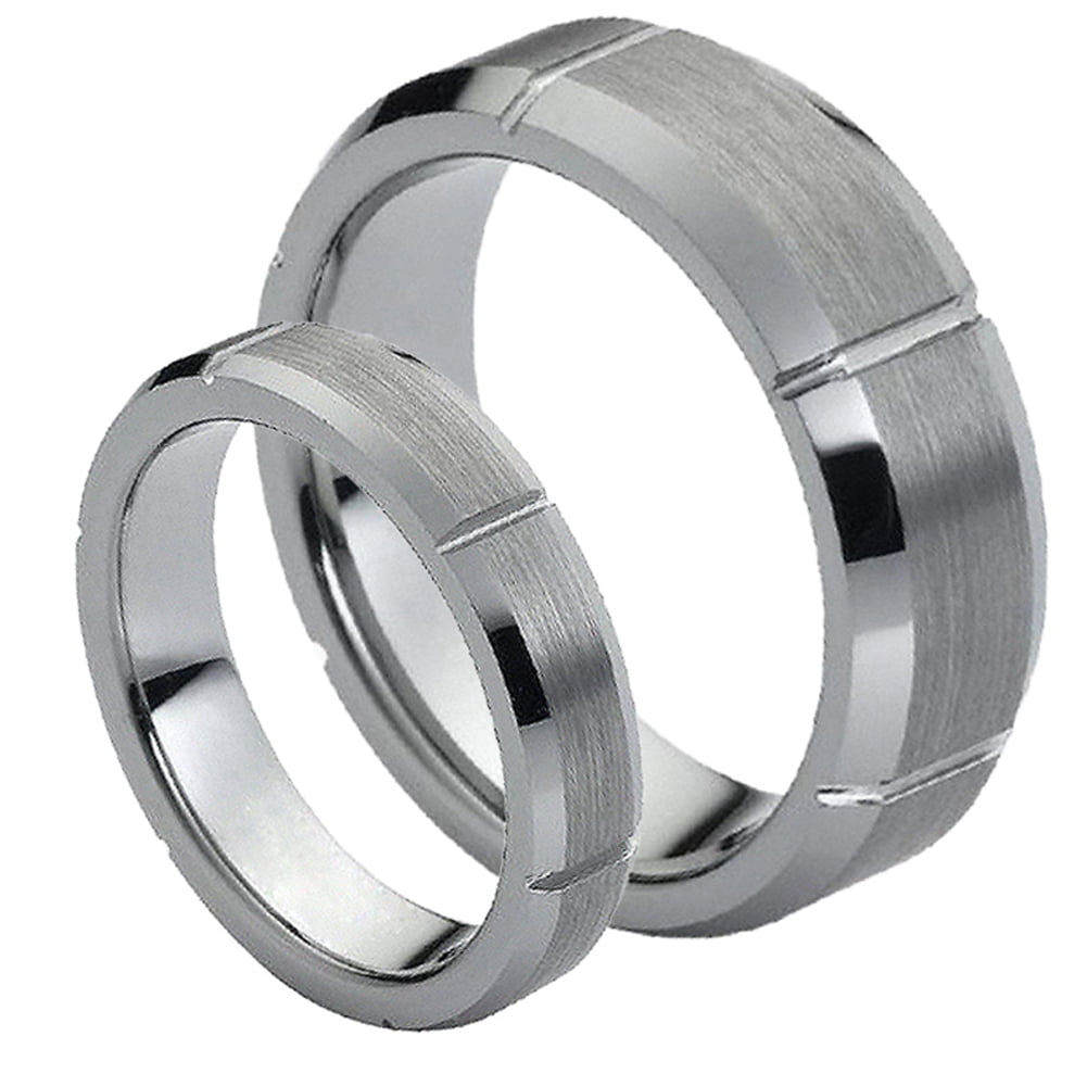 His & Her's 8MM/6MM Tungsten Carbide Beveled Edge Brushed Center Wedding Band Ring Set