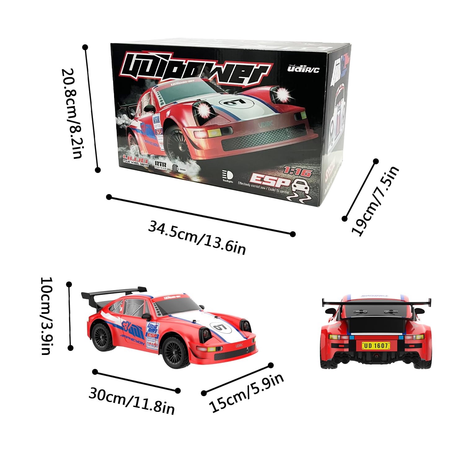 AOBAIWO UD1607Pro Brushless RC Car with Gyro - 1/16 Fast RC Drift Max 60 km/h 4WD ESP 2.4G Remote Control Car with 3pcs Upgraded 1500mah Battery
