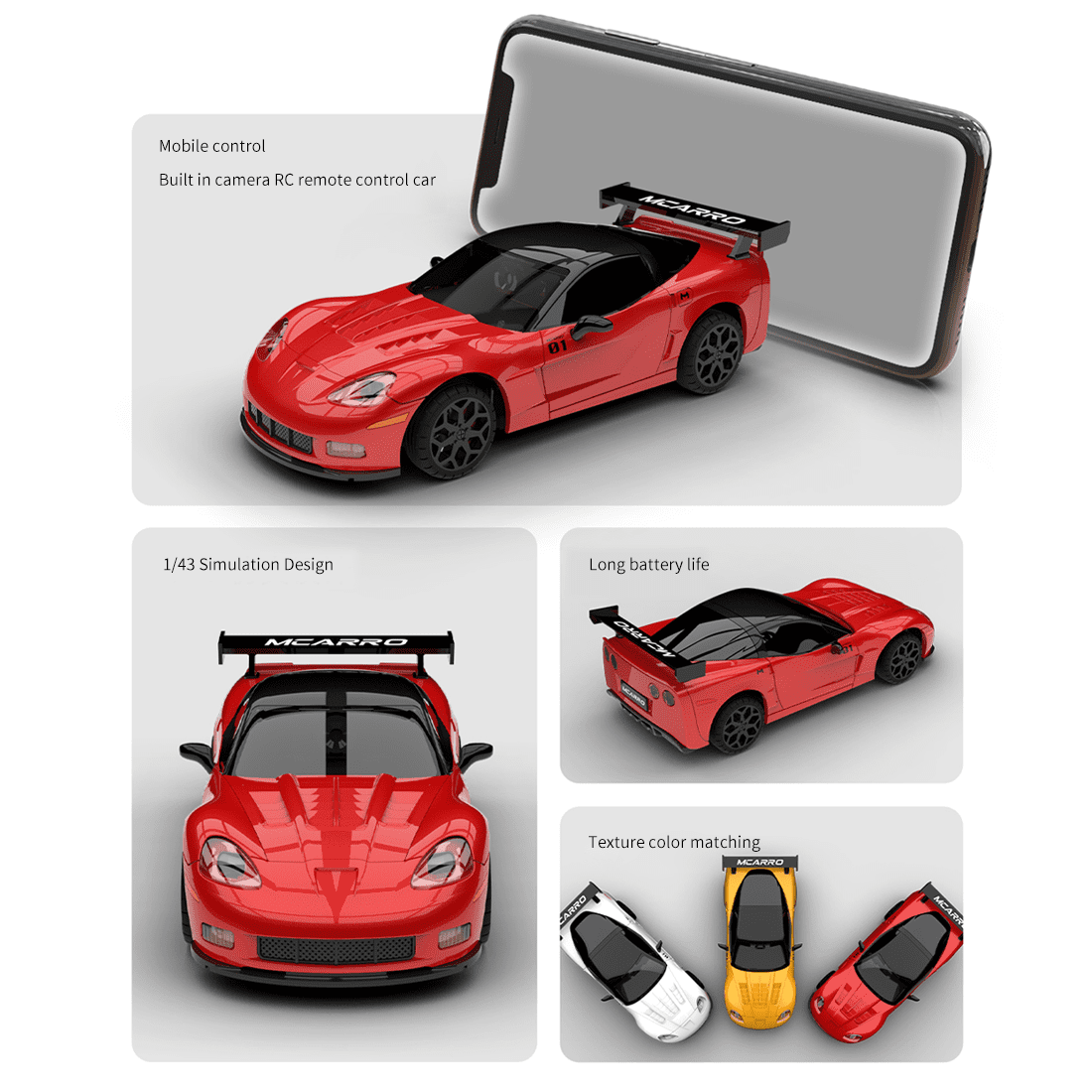 MC011 1/43 Scale RC Drift Car with Live Camera, 2.4G Smartphone Controlled FPV RC Racing Car with LED Lights, Immersive Wireless FPV Toy for Teens & Adults