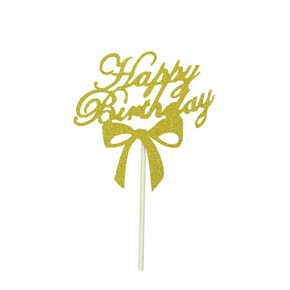 O'Creme Gold-Colored Script Happy-Birthday-with-Ribbon Cake Topper 4 Inch with Separate Stick