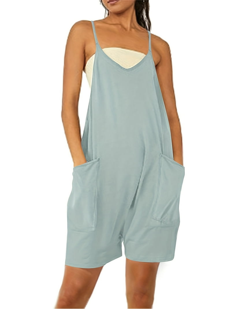 Stylish Casual V-Neck Romper for Women - Knee-Length with Pockets