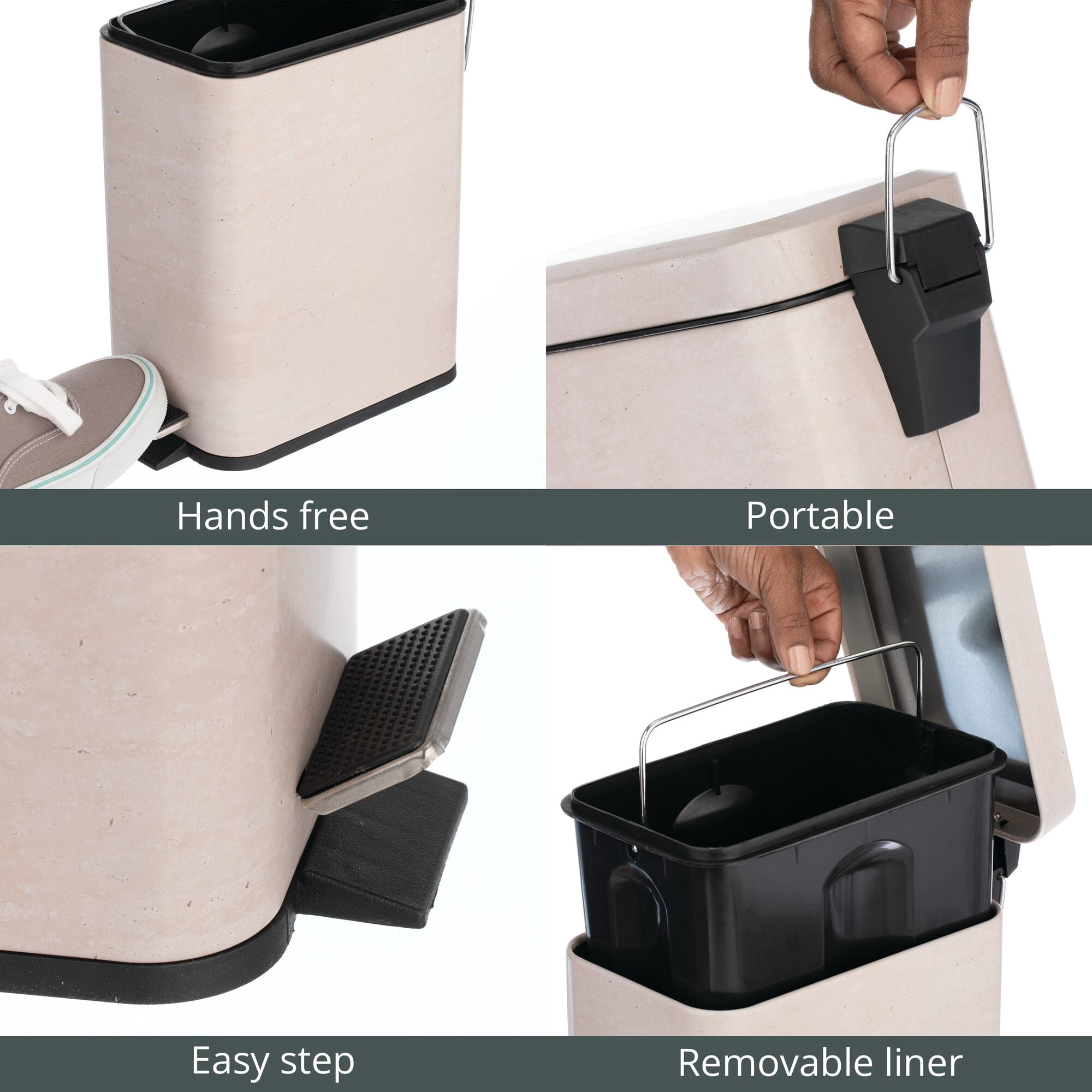 mDesign Small 1.3 Gal. Rectangle Metal Step Can with Liner, Stone Print - Beige