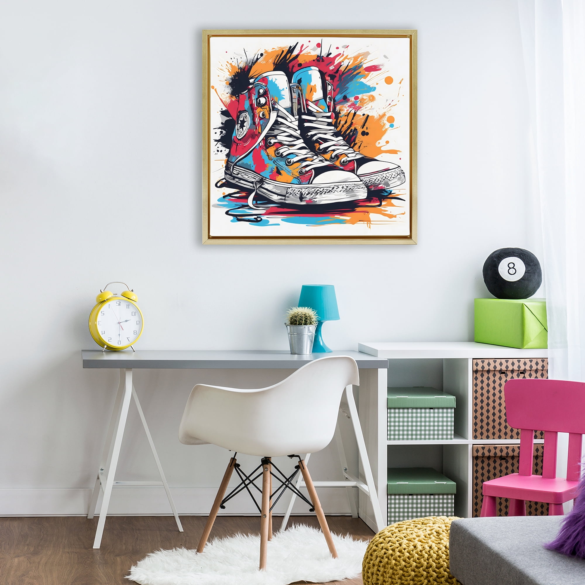Stupell Industries Colorful Sneakers Graffiti Splash Gold Framed Floater Canvas Wall Art, design by Creative Studio