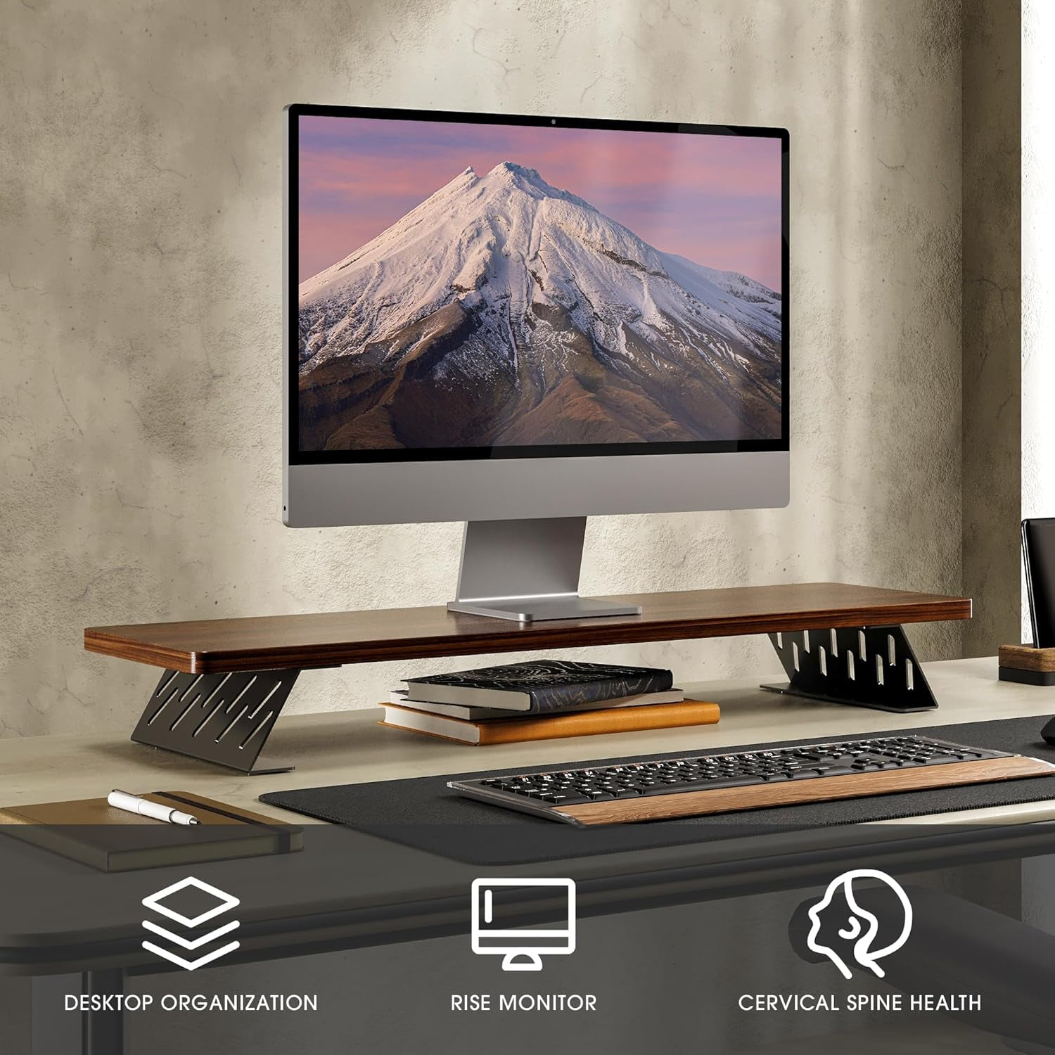 Wood and Steel Dual Monitor Stand Riser for Desktop, Laptop, PC, and Printer