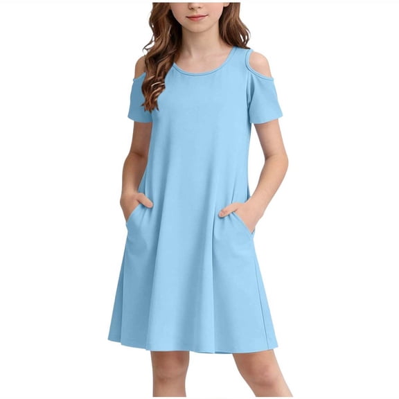 NAISIBABY Girls Casual Dress 10T, with Pockets Crewneck Soft Comfy Cold Shoulder Kids Summer Sundress (5-15T)