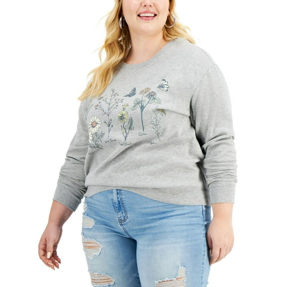 Love Tribe Womens Trendy Plus Size Botanical Floral-Graphic Sweatshirt,Heather Grey,1X