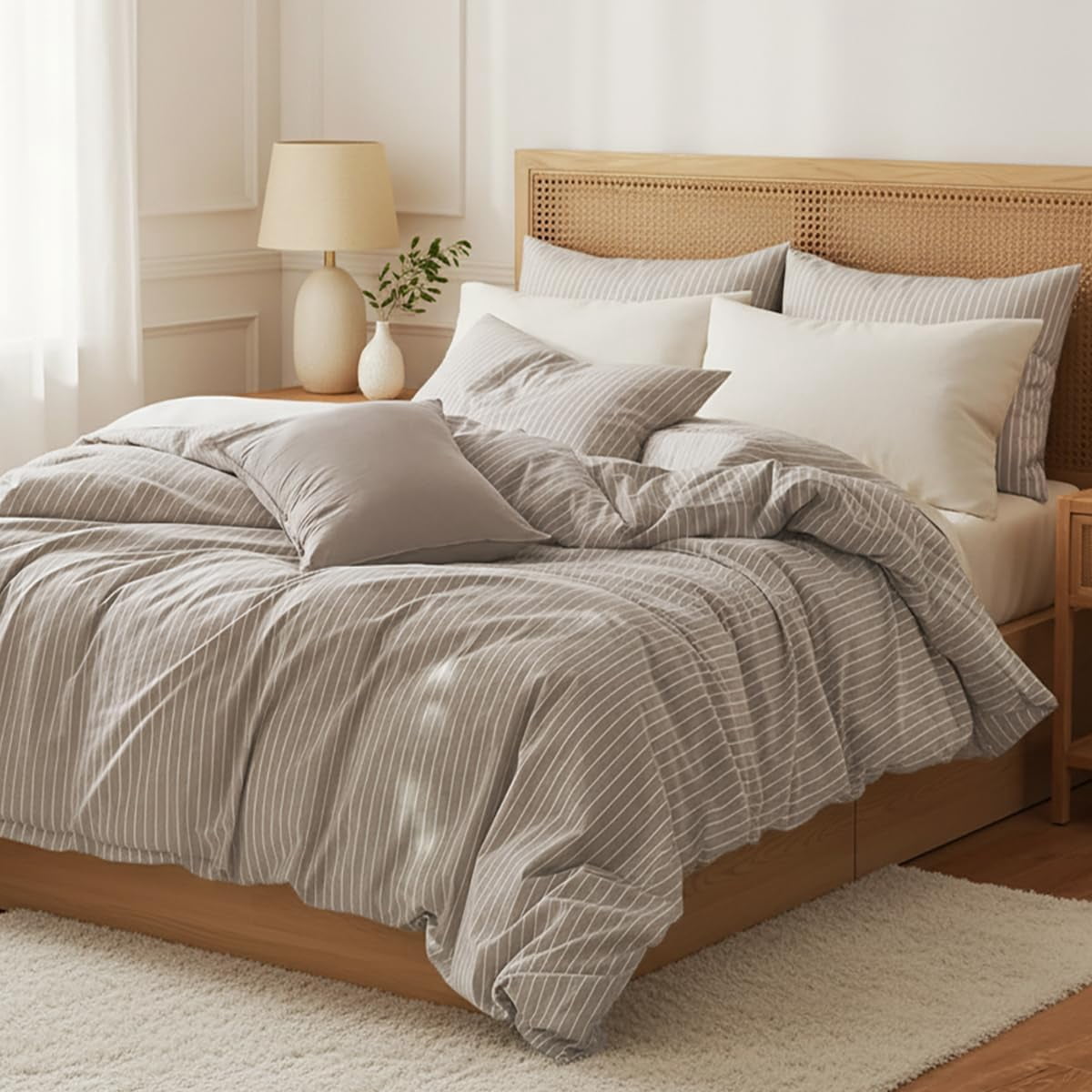 NAYOROOM 100% Cotton Duvet Cover King Set, 3-Piece Breathable Comforter Cover（Light Brown & White Striped）