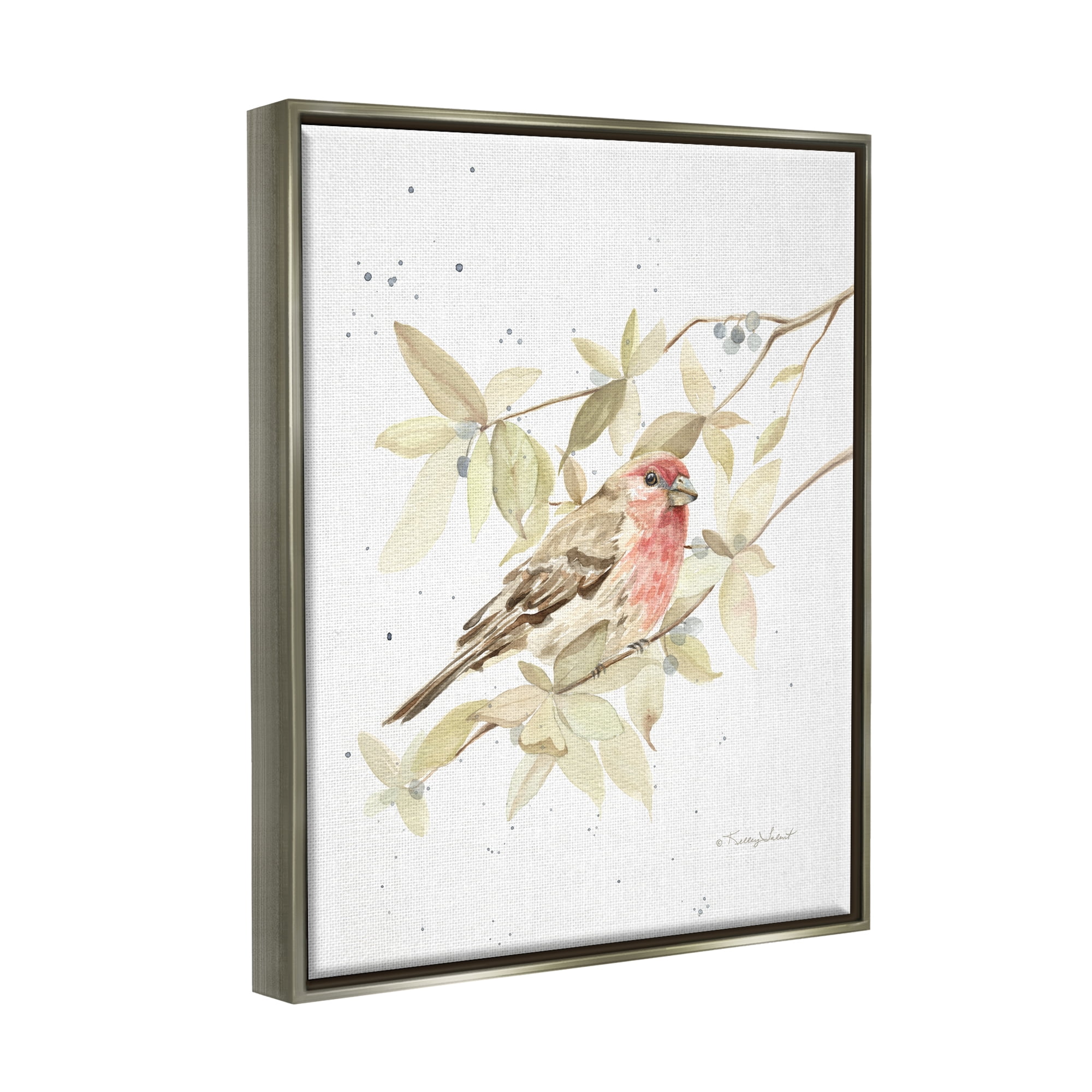 Stupell Industries Bird on Branch Watercolor Animals & Insects Painting Gray Floater Framed Art Print Wall Art, 17 x 21