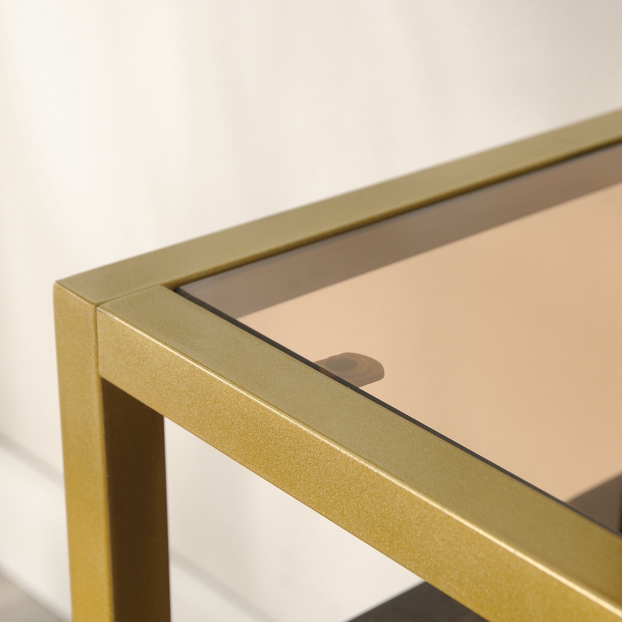 Sauder Curiod Glass Top Gold Metal TV Stand Credenza for TVs up to 55", Rich Walnut Finish