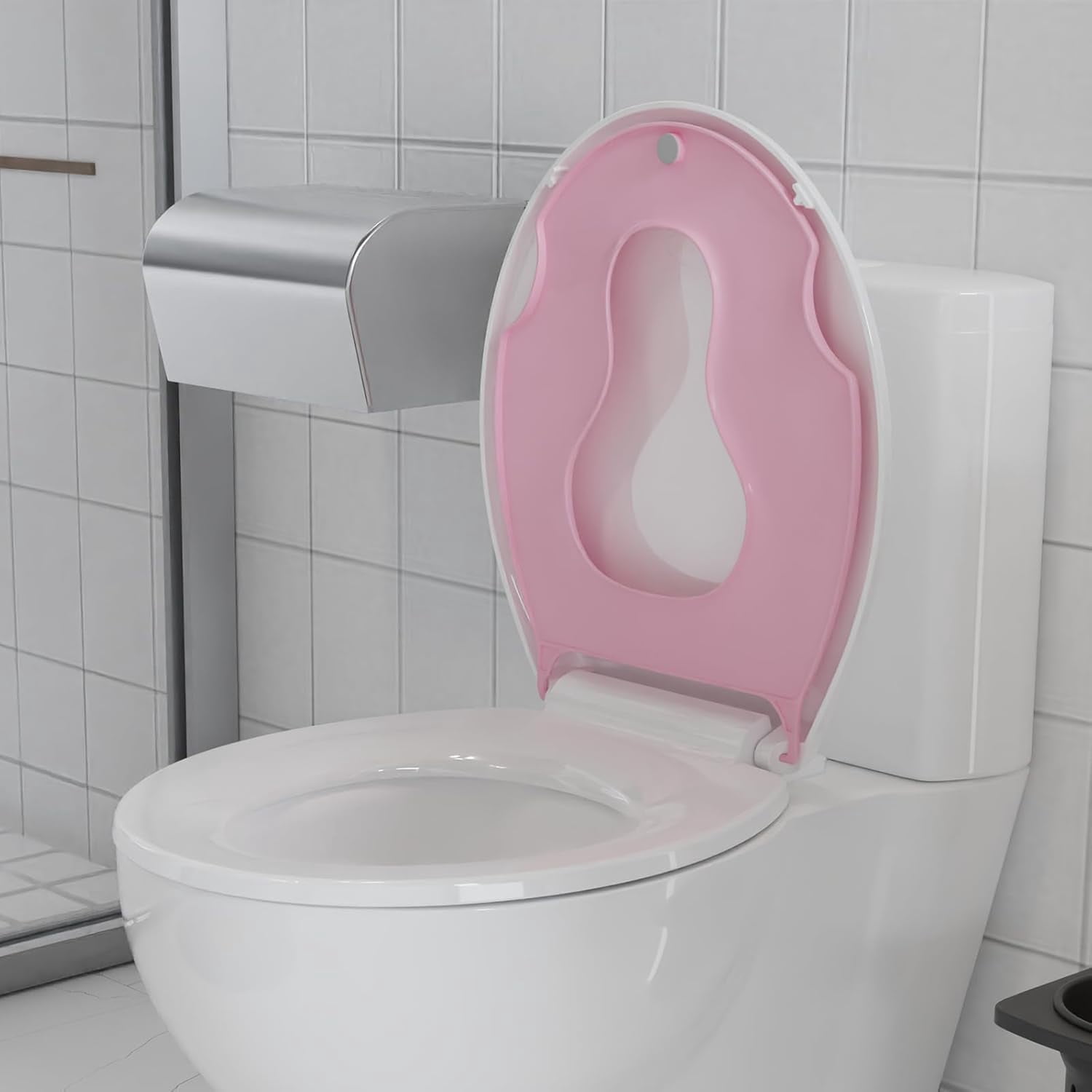 Hetoy 17” Round Toilet Seat with Built-in Toddler Seat for Easy Potty Training, Baby Toilet lid 2 in 1, Easy Install Clean,PP Material Safe and No Loosen,Perfect for Both Adults and Children, Pink