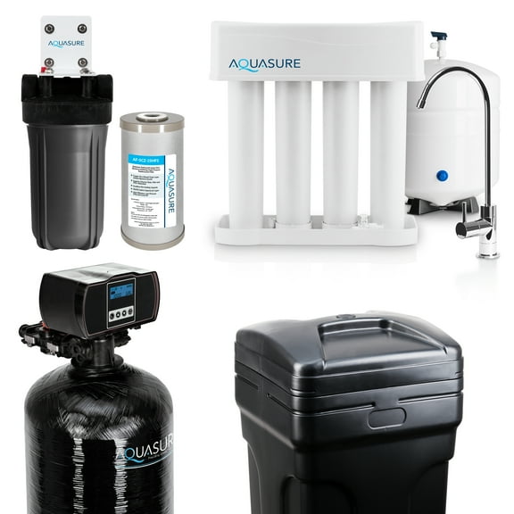 Aquasure 64,000 Grains Whole House Water Filtration Bundle with Fine Mesh Resin and 75 GPD RO System, for 4-6 bathrooms (AS-WHF64FM)