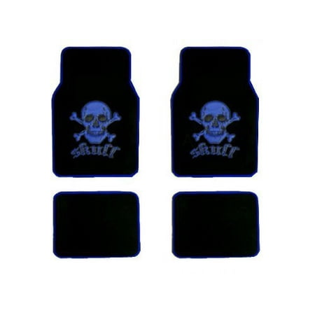 A set of 4 universal fit plush carpet floor mats for cars / truck - Skull and Cross Bone Blue