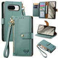 thumbnail image 1 of Wallet Case for Google Pixel 8 Women Men, Durable PU Leather Magnetic Flip Lanyard Strap Wristlet Zipper Card Holder Kickstand Wallet Phone Case Cover Full Body Protection, Green, 1 of 10