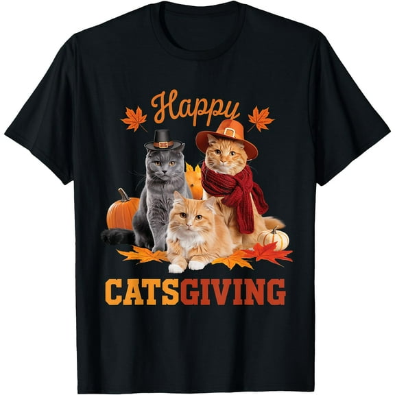 Happy Catsgiving Cute Thanksgiving Cat Wears Pilgrim Hat T-Shirt for Men Women Girls Kids,Top Tees,Black