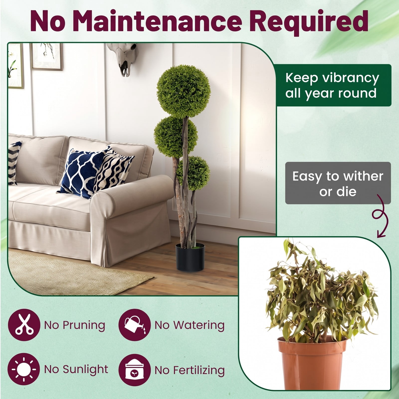ALPULON 4 FT Artificial Boxwood Topiary Ball Tree, Faux Triple Ball Plant with Weighted Cement Pot for Indoor Outdoor Front Porch Home Shop Decor, Green