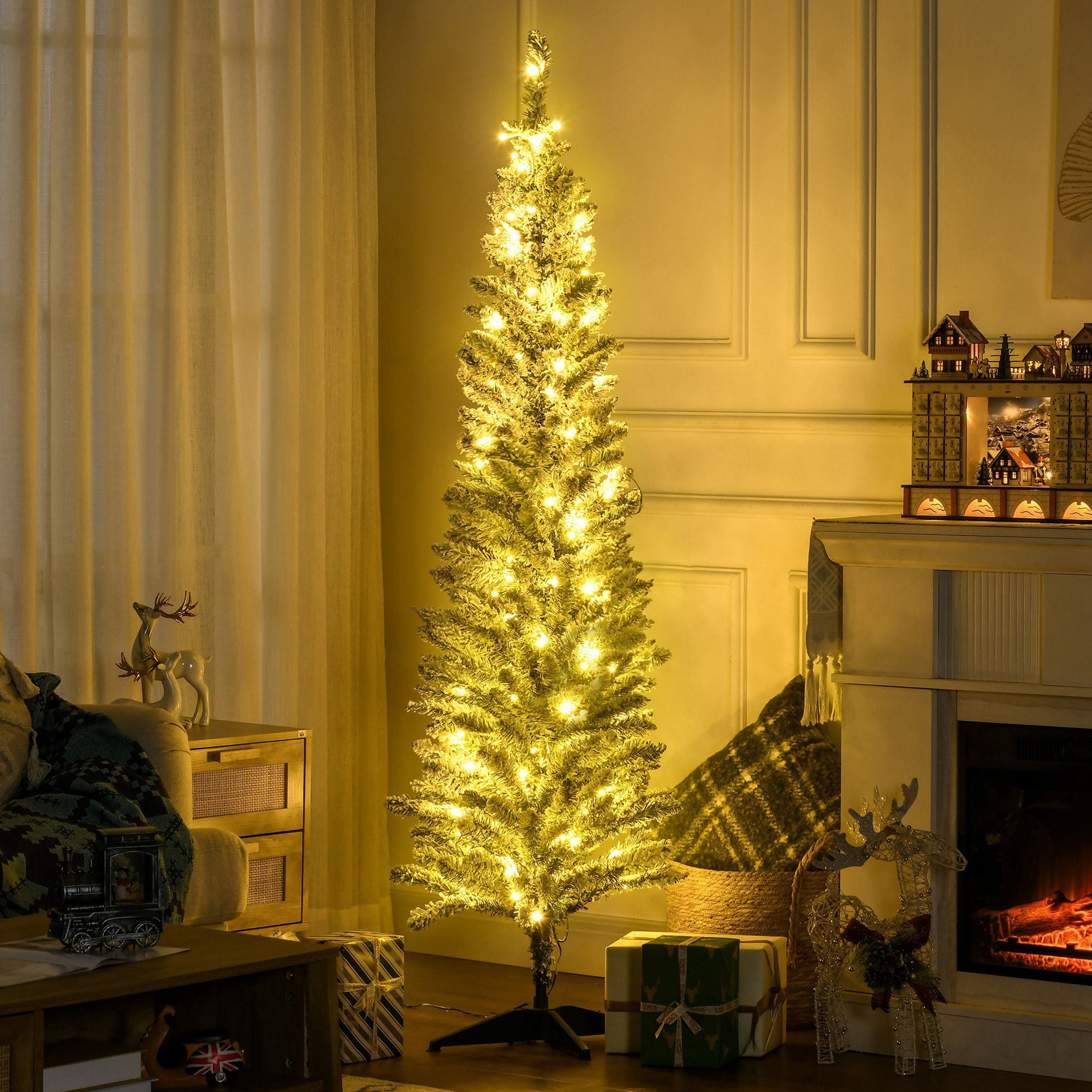 6ft Pencil Christmas Tree, Slim Artificial Christmas Tree with Realistic Branches and Warm White LED Lights, Green