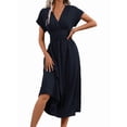thumbnail image 2 of Womens Solid Color Overlap V Neck Batwing Sleeve Waist Pleated Long Elegant Dress Maxi Navy Blue XL, 2 of 10